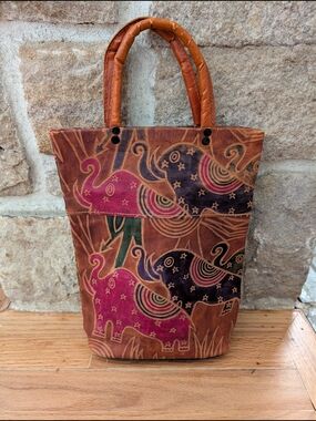 Vintage Boho Handcrafted Elephant Print Leather Tan Tote Bag Purse